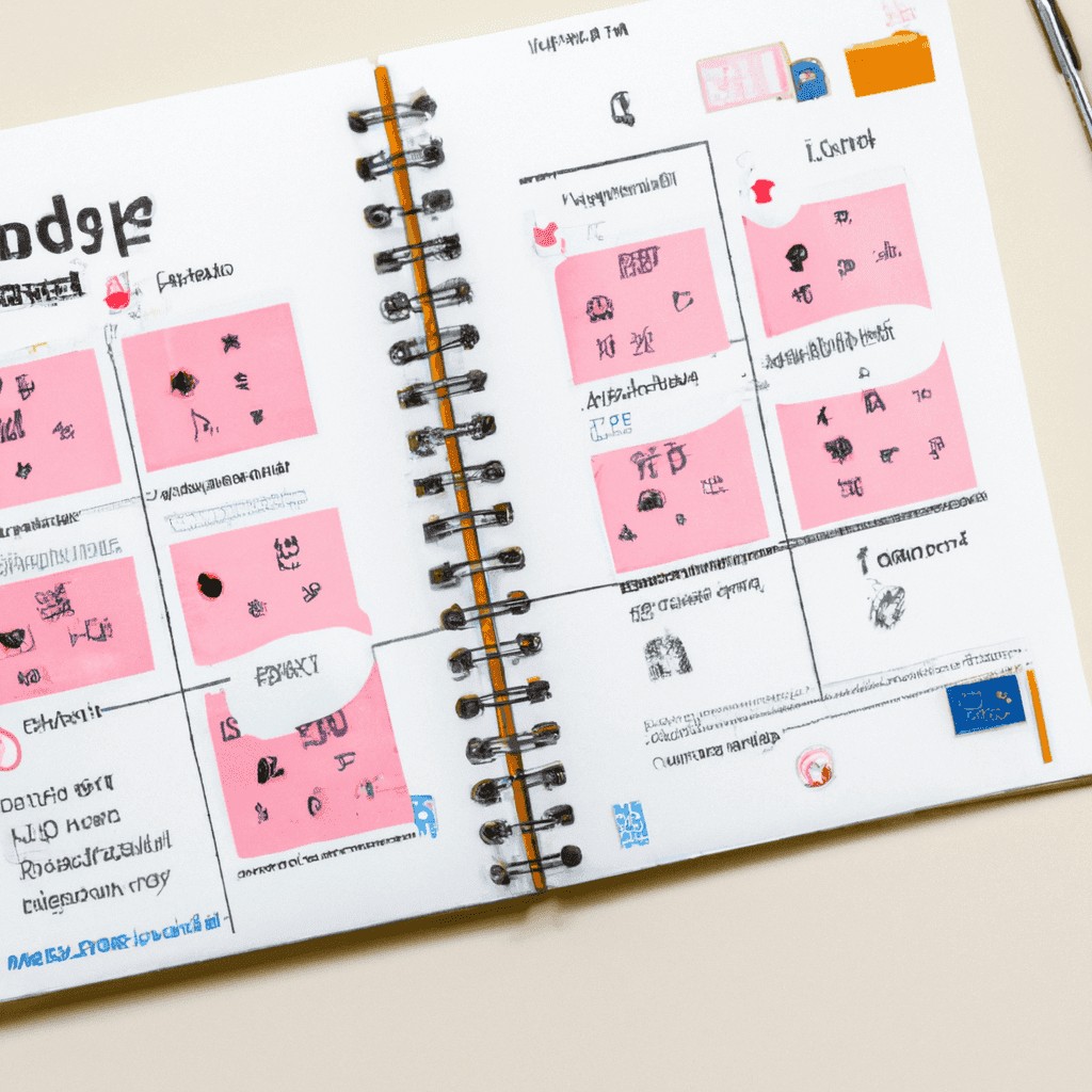 Open planner with pink sticky notes and drawings.
