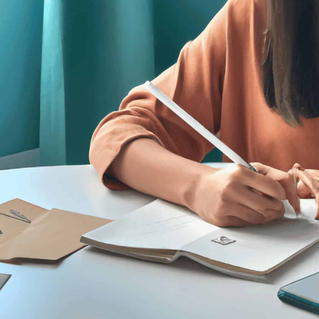 Woman writing in notebook at desk.