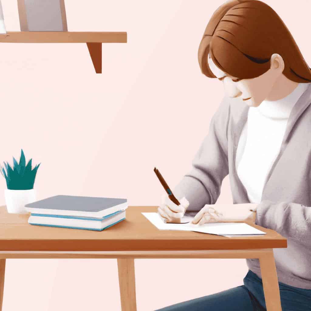 Illustration of woman writing at a desk.