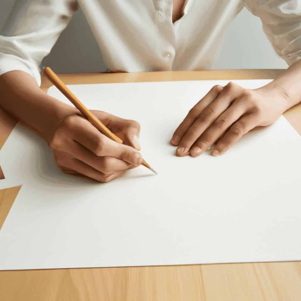Person writing on blank paper.