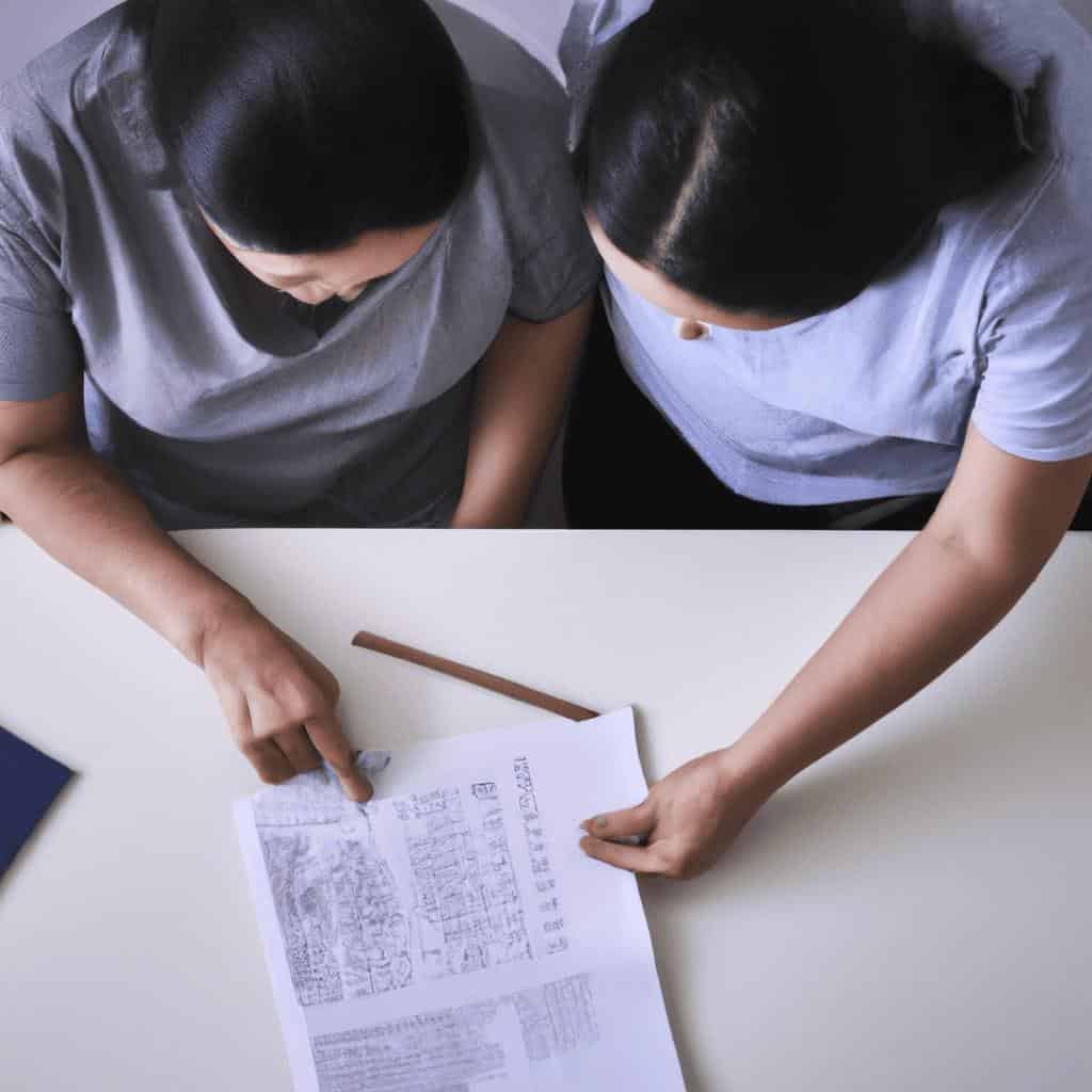 Two people reviewing architectural blueprints on a desk.