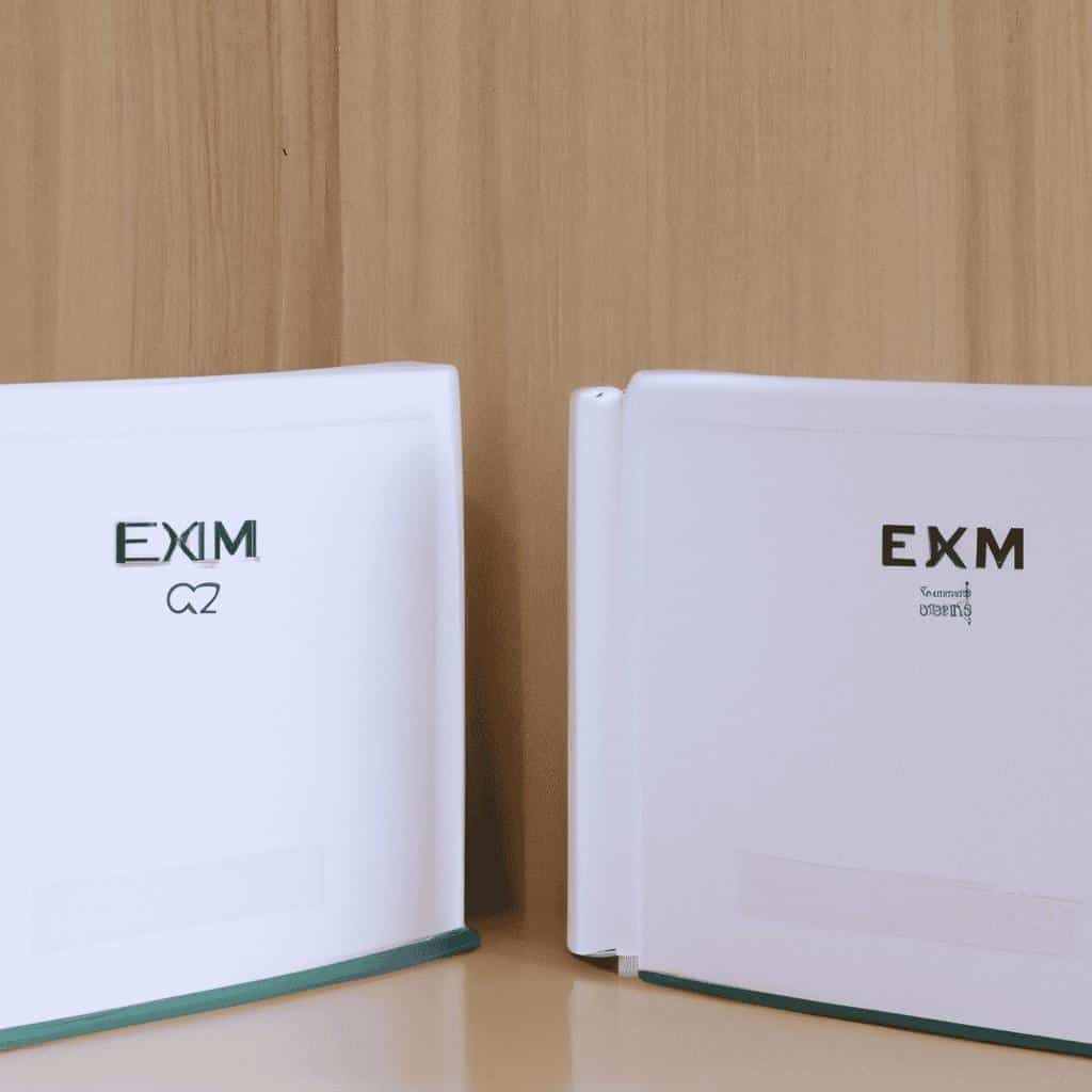 Two white EXIM routers on a wooden background.