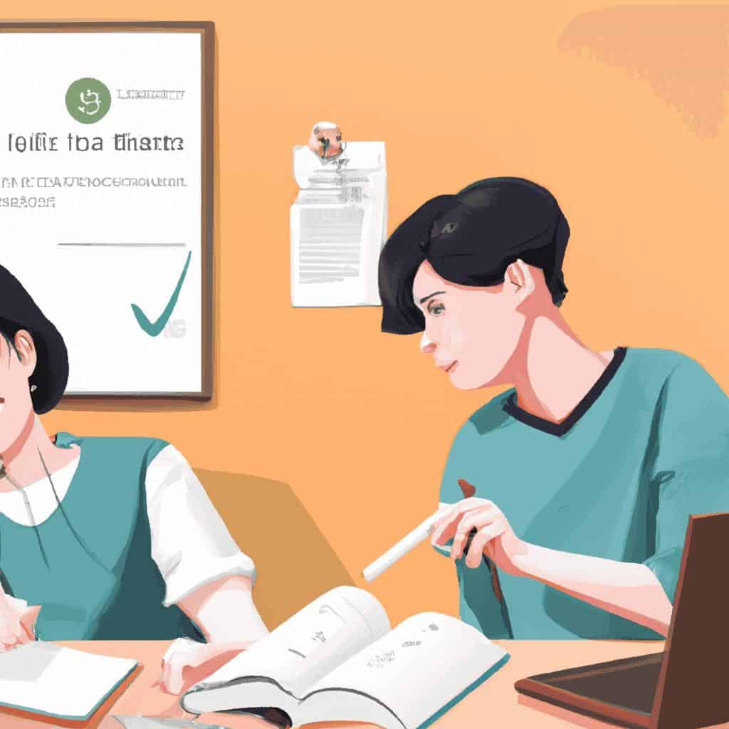 Two students studying at a table with books.
