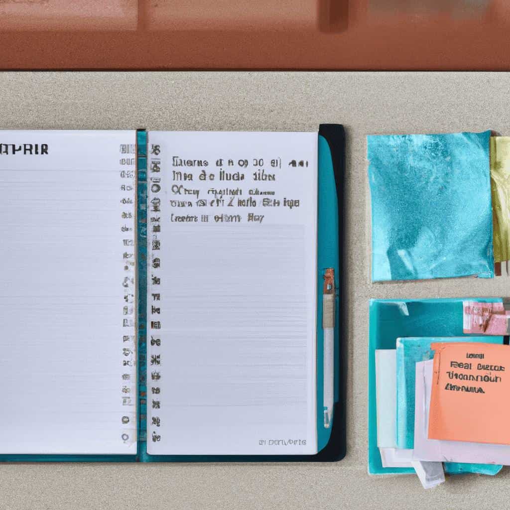 Planner notebook with colorful sticky notes and pencil.