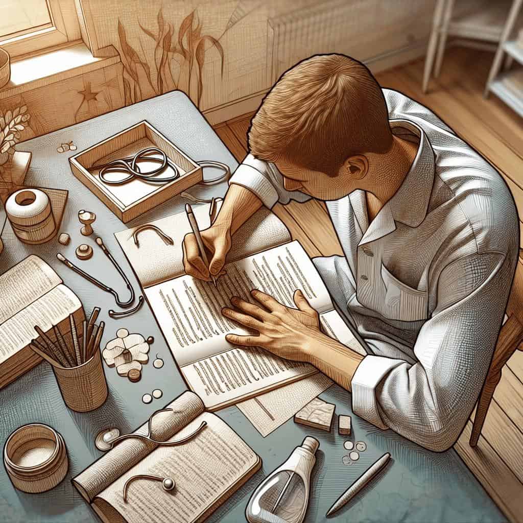Person studying at messy desk with medical items.