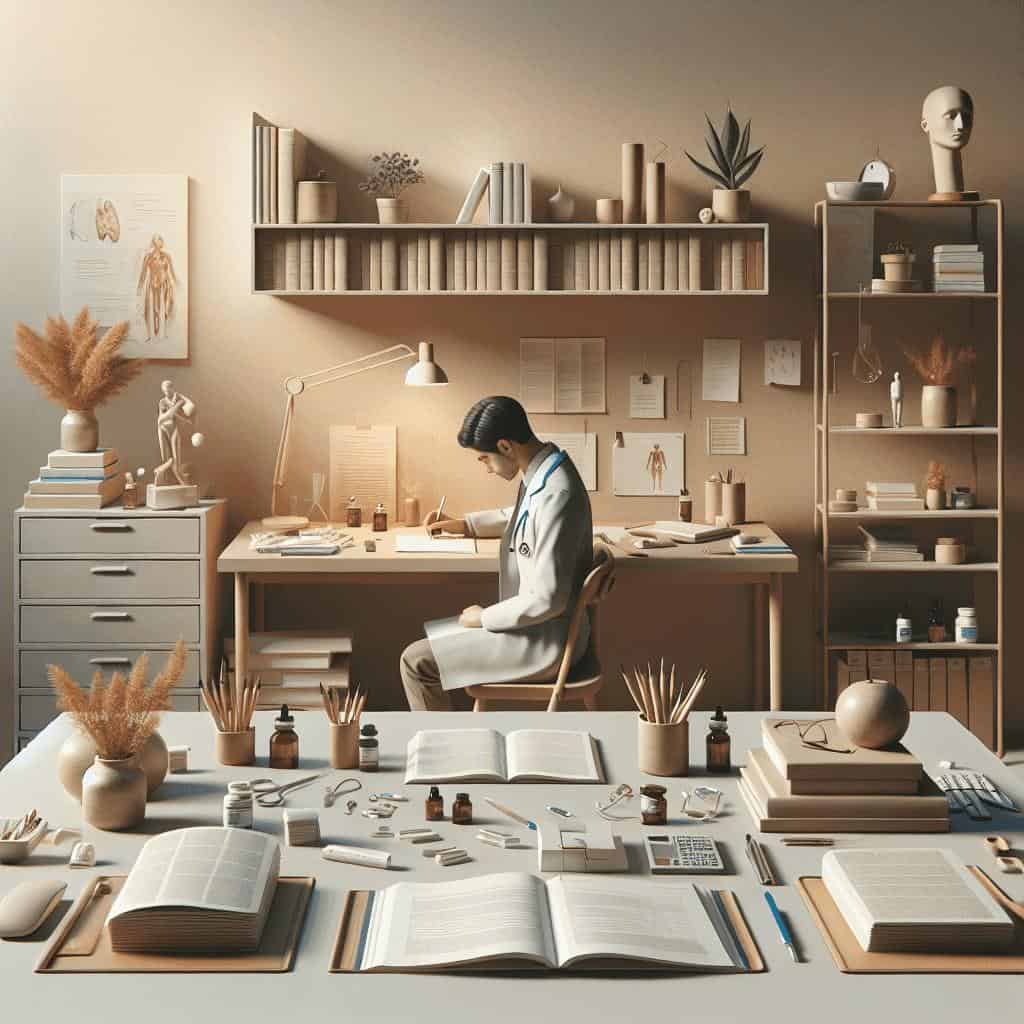 Doctor writing in organized medical study room.