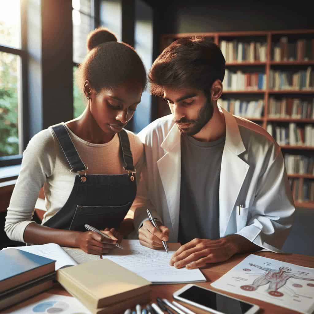 Students studying anatomy in library setting