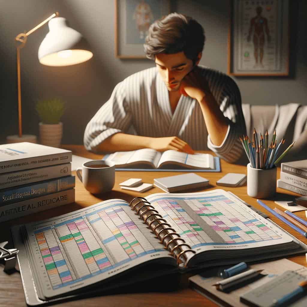 Man studying with books and schedule planner.