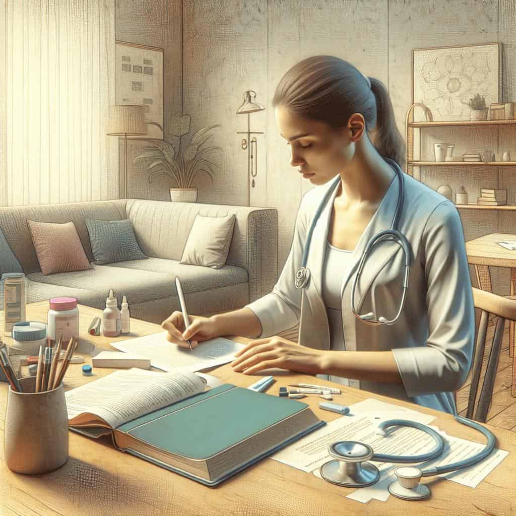 Doctor writing notes in office with medical equipment.