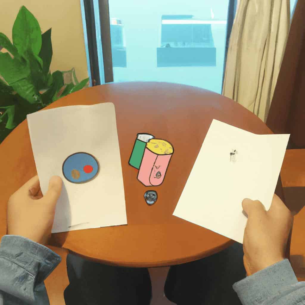 Person holding art papers on table with drawings.
