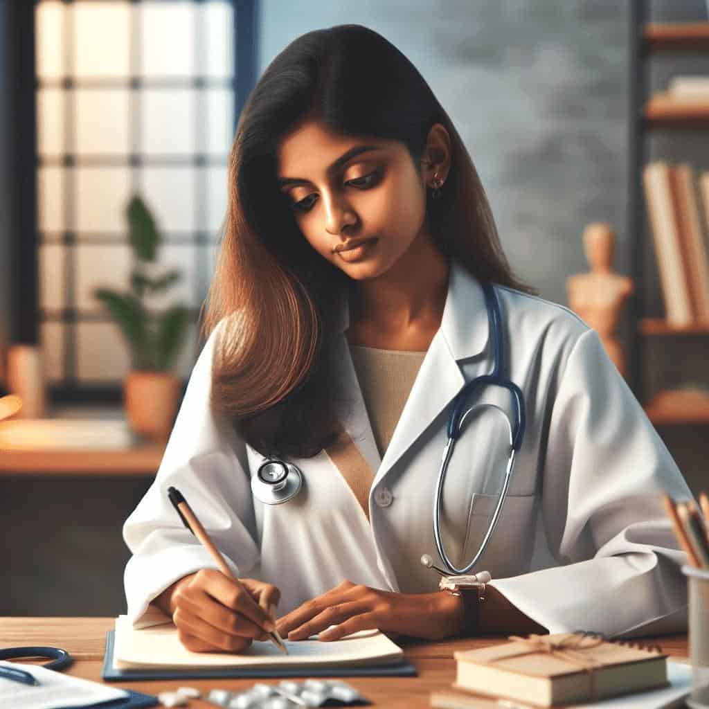 Doctor writing notes in medical office.