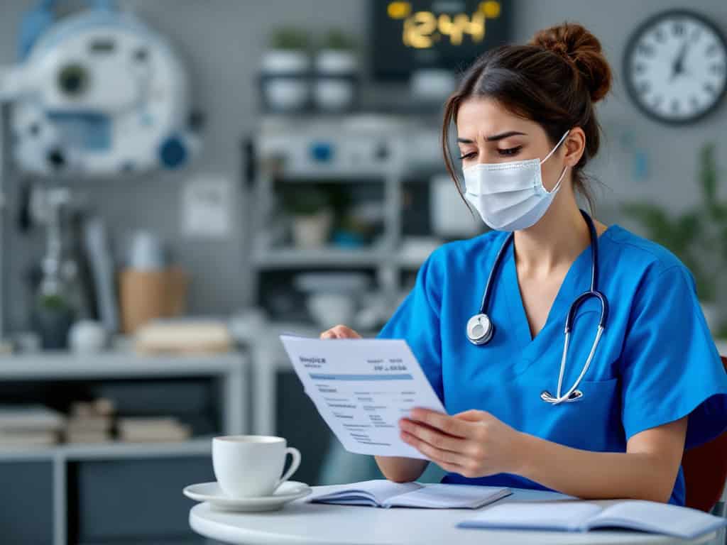 Female nurse reviewing medical invoices in clinic.